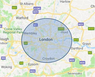 Map of London showing area covered by the Home Physios for physiotherapy at home