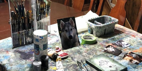 Set up of art supplies that D. K. Boljat uses on table