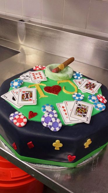 Chocolate, Cream and Strawberry cake.
Grooms Cake, Vegas Custom cake, Blackjack Cake, Wedding Cake