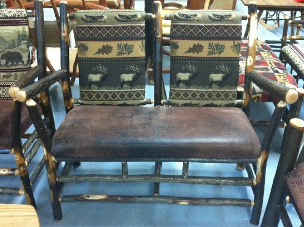 Hickory Straight Back 2 Seat Upholstered Bench.