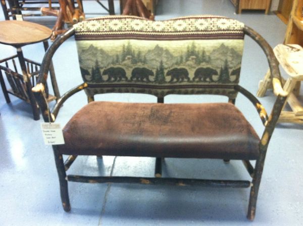 Hickory Curved Back 2 Seater with Upholstered Back and Seat.