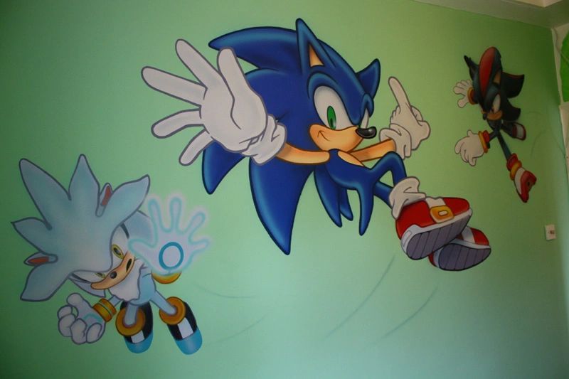 Sonic the Hedgehog mural painted in a boys room
