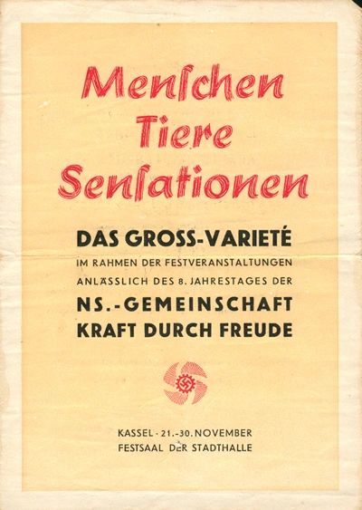 Leaflet advertising a variety show in Kassel involving people and animals organised by the company K