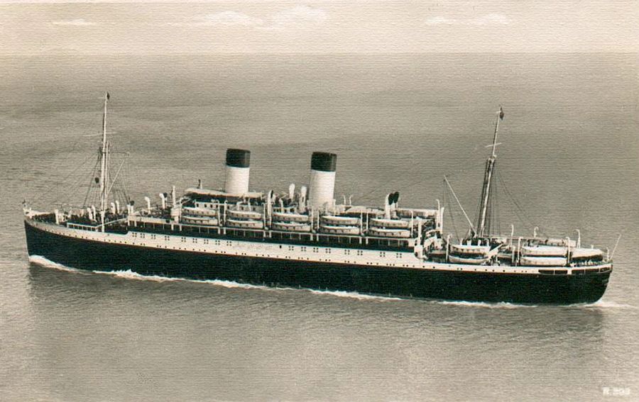 Photograph of the Monte Rosa at sea. Note the black painted hull with white decks above, a standard