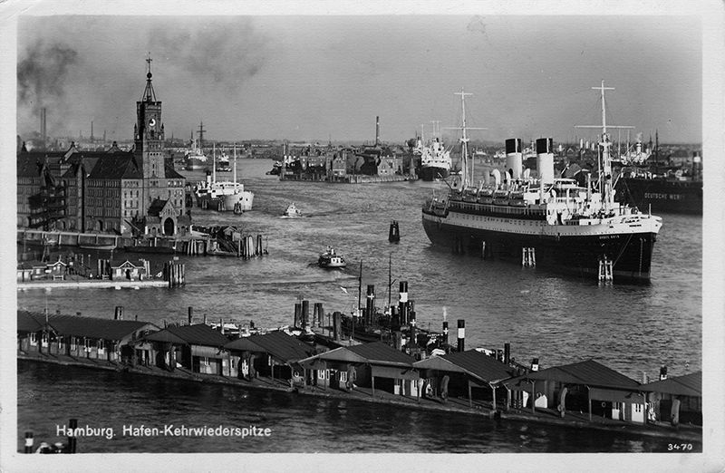 Photograph of the Monte Rosa, later renamed the Empire Windrush, moored at dolphins at Hamburg, some