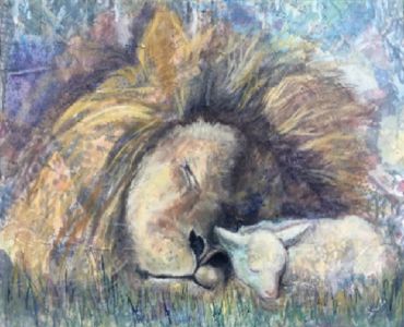layered mixed media, lion & lamb, collaged w original patterns, painted in acrylics, unique portrait
