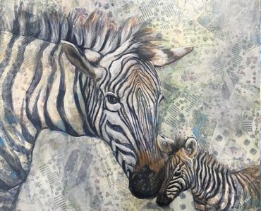 Baby Zebra and Mom Zebra, layered mixed media, collage