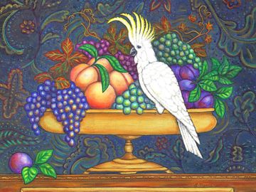 birds, bird art, cockatoo, fruit, fruit bowl, still life, pets, animals, wall art wall decor, 
