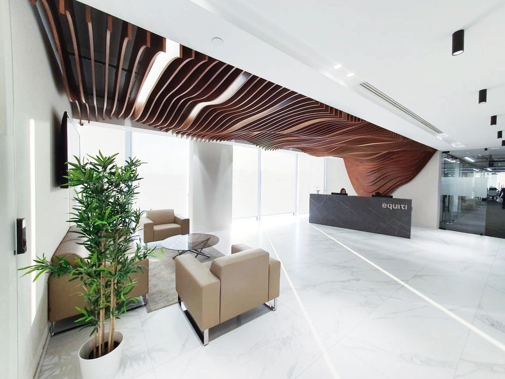 Equiti offices interior design, reception, parametric ceiling, fit-out, finishing, and furniture.