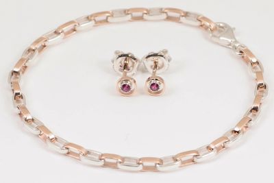 Ensemble, bracelet en argent et or rose, boucles d'oreilles avec rubis, fabriqué sur commande