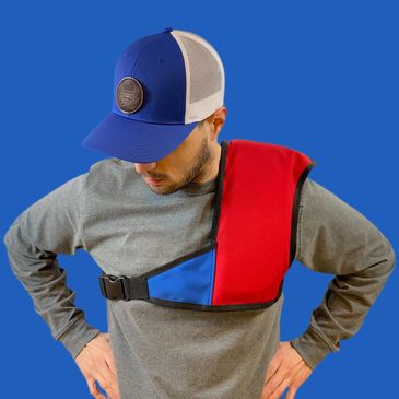 Red and Blue Shoulder Pad worn by worker