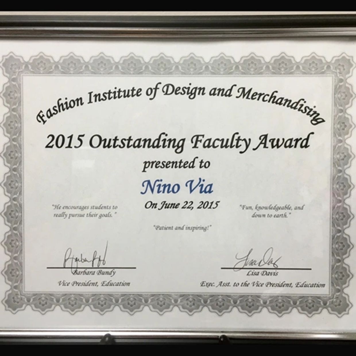 Outstanding Faculty Award presented to Nino Via.