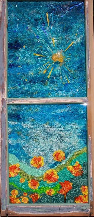 Day Time Poppies is one of a pair of mosaic wall art made with tempered glass and framed in a salvag