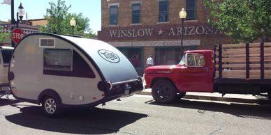 Travel trailer on the corner in Winslow, Arizona. This is a popular way for Route 66 travel.
