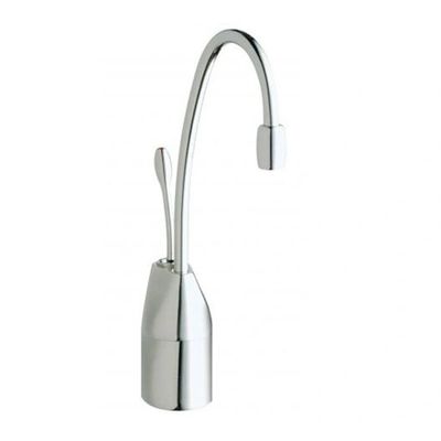 Sleek silver kitchen faucet with a curved spout and single lever handle.