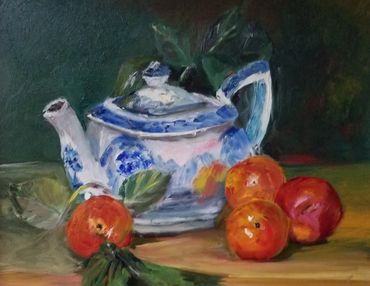 The Teapot and Plums
Oil on Board
10"x8" 
$150 framed in a floating frame 
