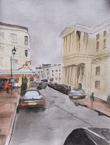 A watercolor painting of Brighton street scene.