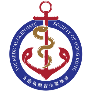 Logo of the LMCHK Society with Rod of Asclepius represented by a Bauhinia themed anchor.