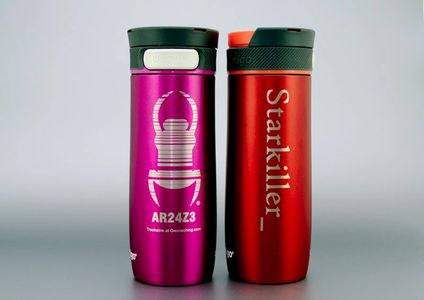 Coloured Contigo mugs laser engraved with text and logos for geocachers.
