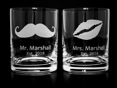 Sand carved whiskey glasses for Mr. and Mrs.