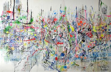Abstract artist Germany, colourful abstract paintings created in oil sticks, spray paint and ink