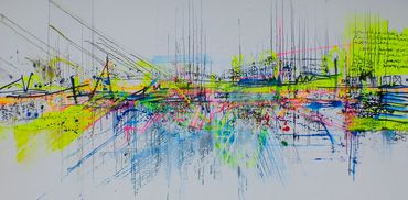 Abstract artist Germany, colourful abstract paintings created in oil sticks, spray paint and ink