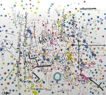 Abstract artist Germany, colourful abstract paintings created in oil sticks, spray paint and ink