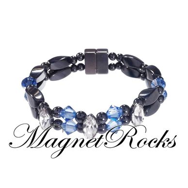 Bracelet features Magnetic Hematite, Sapphire Crystal by Swarovski ® and a Magnetic Jewelry Clasp.