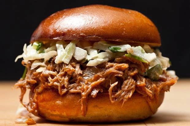 Pulled, pork, sandwich, bbq, sauce, cole, slaw, brioche, bun, hand, made, lunch, barbeque, chopped