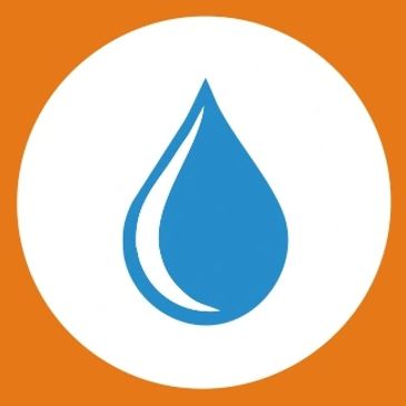 Blue water droplet icon inside a white circle with orange background.