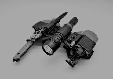 Custom Knife, Tac Pen, Flashlight, Leatherman Multi tool, Leatherman raptor, extender, bit holster.