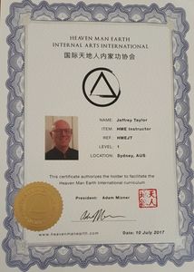 Certificate accreditation. Authorised instructor of Heaven Man Earth Tai Chi Internal Arts.