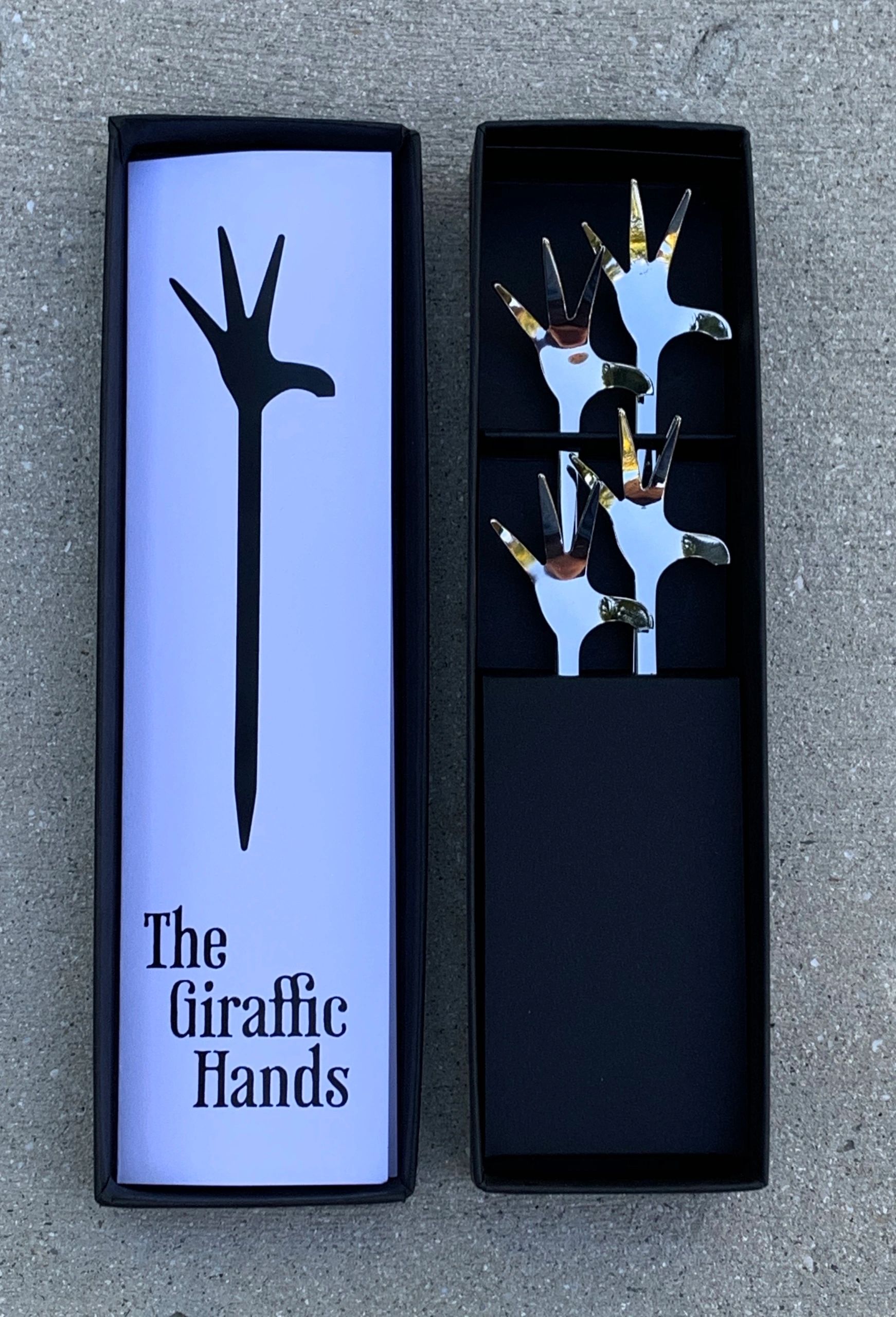 The Giraffic Hands cocktail skewers are like no other. Their mirror image finish, raises the level o