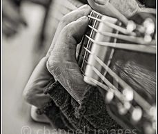 weathered hand makes chord on the neck of a guitar.