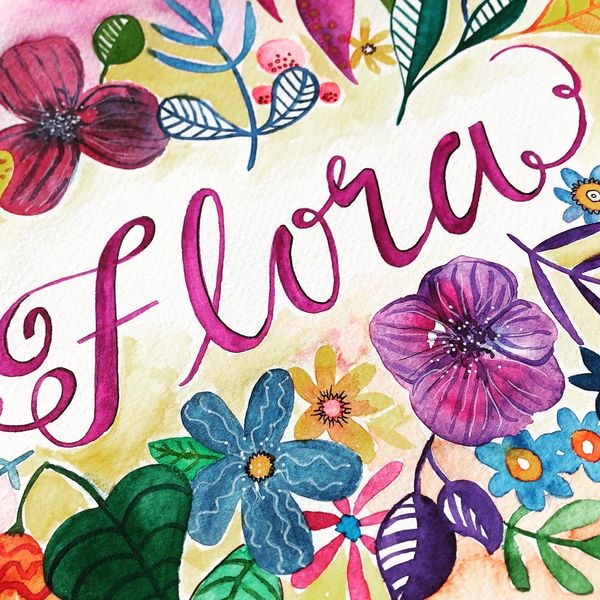 Bright floral illustration watercolour brush lettering katedowneyart commission flowers