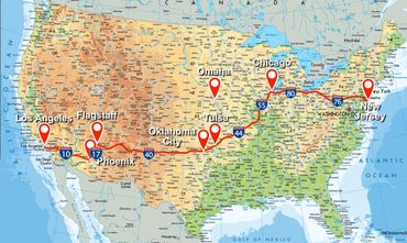 Map of USA showing the route that would have been taken by the convoy in the song 'Convoy'.