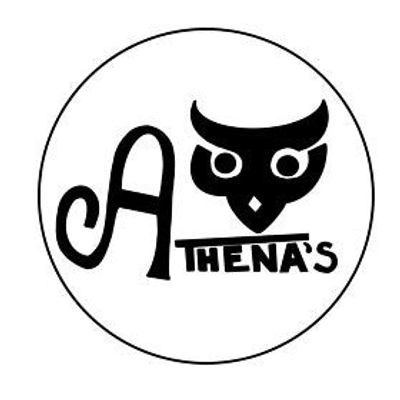 Black & White brand logo with name Athena's written in black and a hand drawn owl above the text