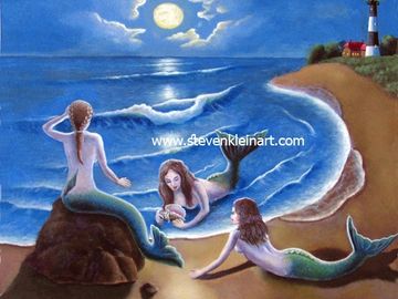 Three mermaids under a moonlit sky near a lighthouse on the shore.