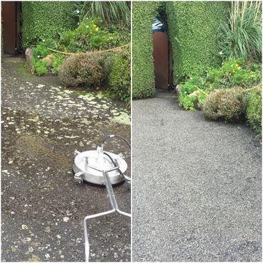 Badly infested tarmac surface pressure washed using rotary cleaning attachment...