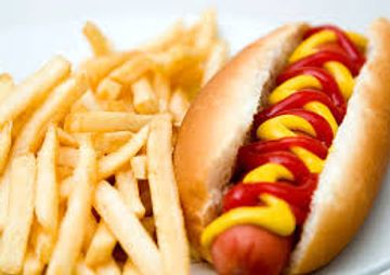 Kids hot dog fries and orange juice