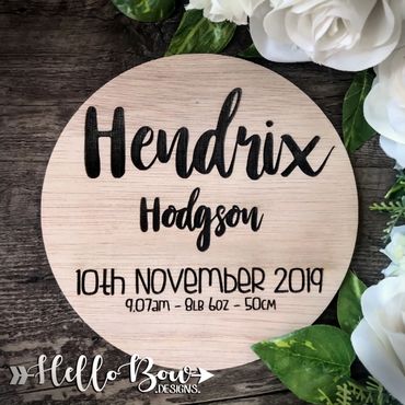 Birth announcement milestone personalised plywood laser cut disc Baby name photo prop newborn gift