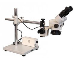 Meiji EMZ Zoom Stereo Microscope with ring light on a boom stand