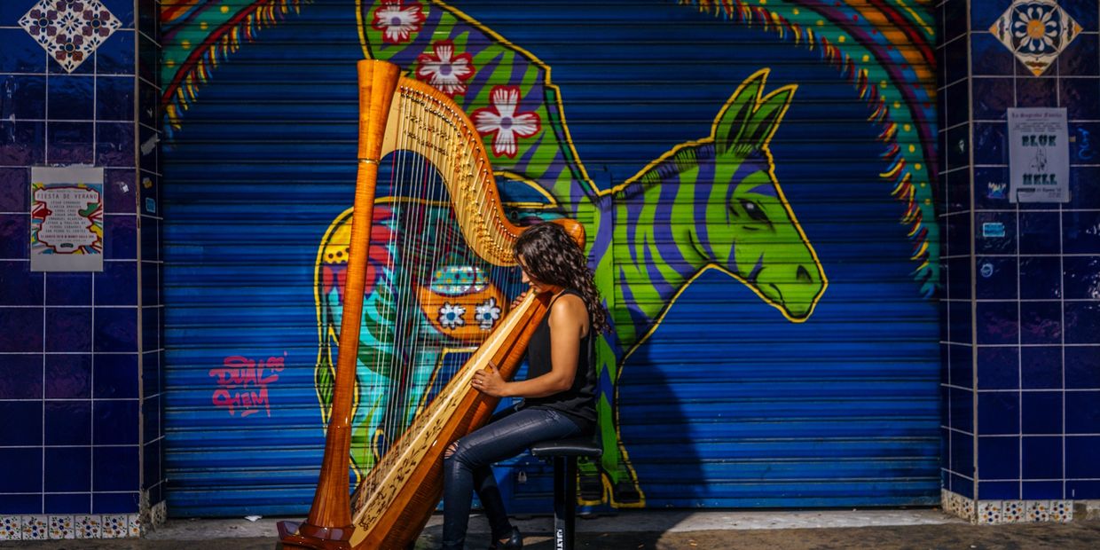 Tasha Smith Godinez with her Camac Harp in Tijuana, Baja California, Mexico