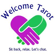 Welcome Tarot logo with two hands intertwined, one magenta, and one green with words underneath.