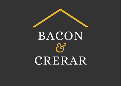 Bacon and Crerar logo. Black background with a yellow triangle and the words bacon and crerar.