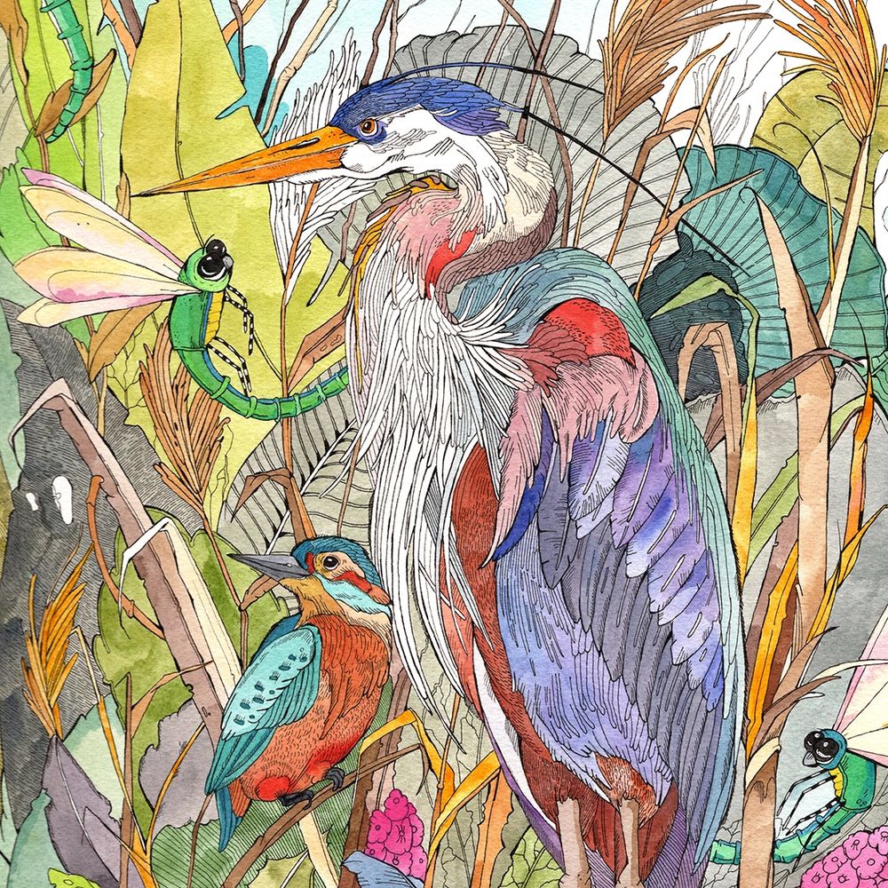 Blue Heron and Kingfisher Bird watercolor painting by Kinga Martin, Kingarooart