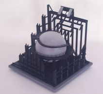 Monumental sculpture using a 100 foot diameter steel sphere which has several functions. As a wate