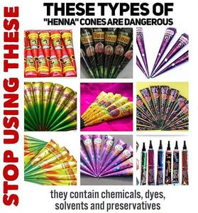 Dangerous types of henna cones that should never be used on the skin. Identify dangerous henna cones