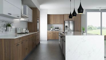 Combination of Wood and White Gloss Cabinet Kitchen