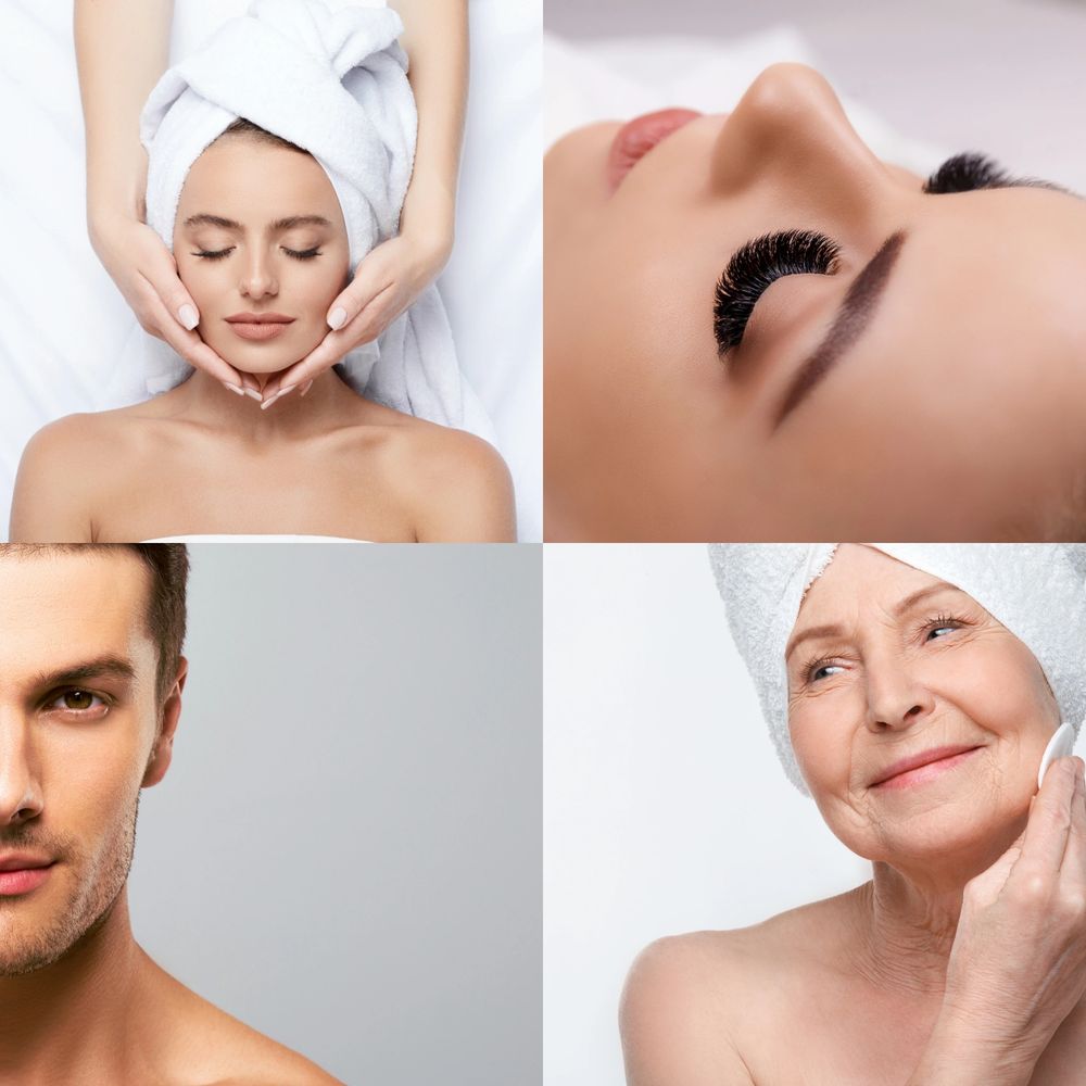 young woman getting a facial, older woman skincare, woman with lash extensions, man's face.